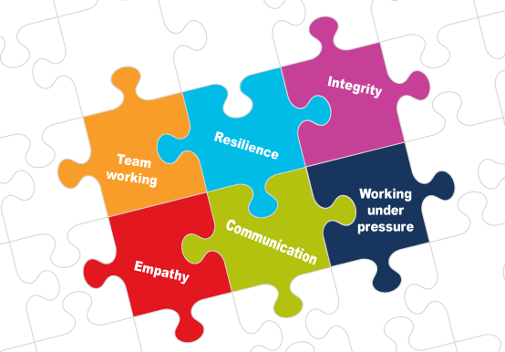 Drawing of puzzle pieces with various colours and the words team working, resilience, integrity, empathy, communication and working under pressure